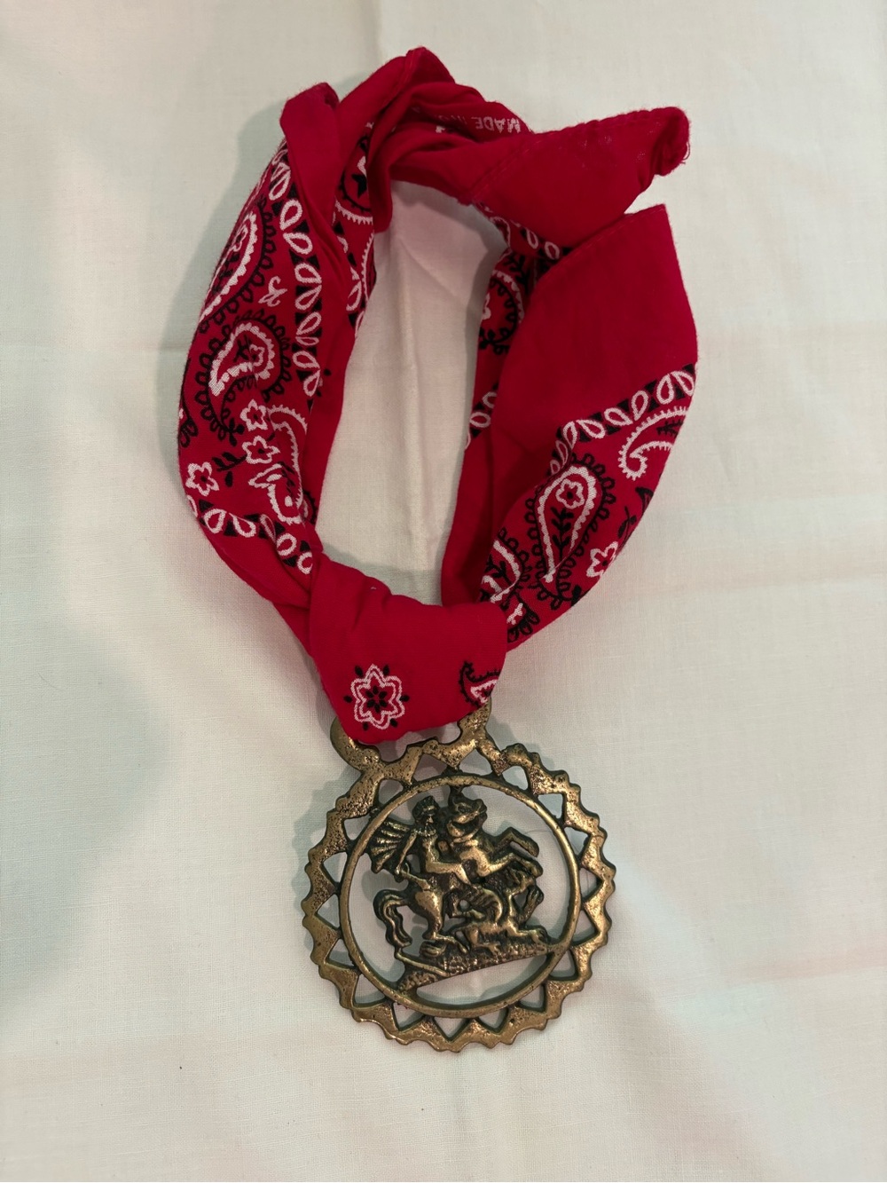 Red Bandana Necklace with Brass Medallion - St. George and the Dragon - rare